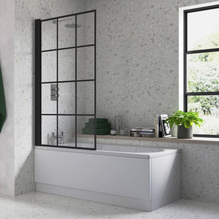 AJAX104940 Ajax 1500mm Matt Black 6mm Single Straight Crittall Bath Screen Bathroom Setting