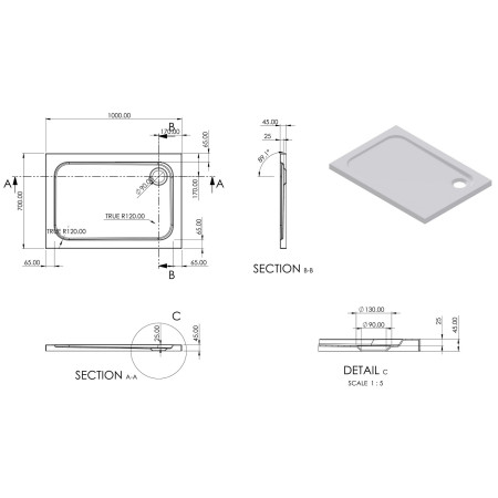 AJAX111464 Ajax 2Go 1000 x 700mm Rectangular Shower Tray Line Drawing