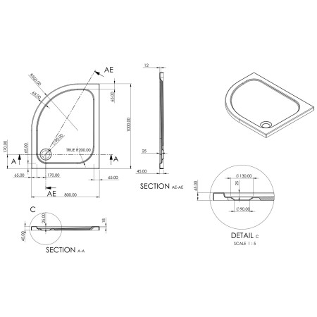 AJAX116984 Ajax 2Go 1000 x 800mm Left Hand Offset Quadrant Shower Tray Line Drawing