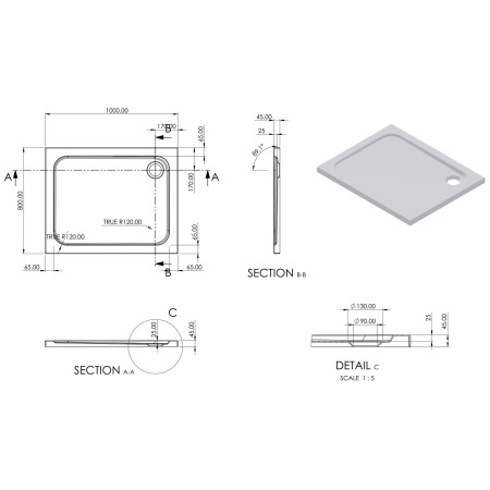 AJAX111466 Ajax 2Go 1000 x 800mm Rectangular Shower Tray Line Drawing