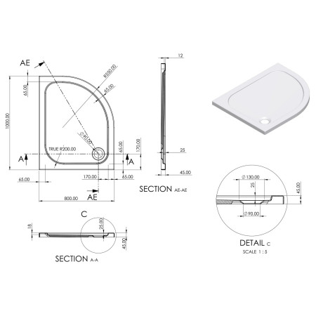 AJAX116985 Ajax 2Go 1000 x 800mm Right Hand Offset Quadrant Shower Tray Line Drawing