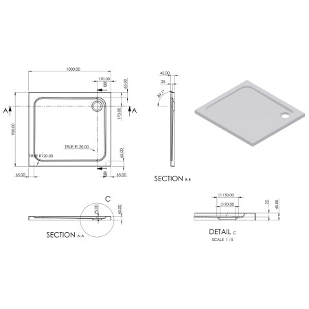 AJAX111467 Ajax 2Go 1000 x 900mm Rectangular Shower Tray Line Drawing