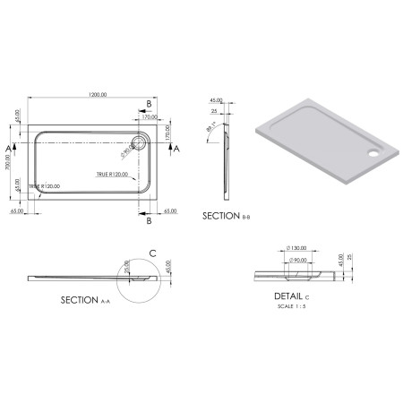 AJAX111468 Ajax 2Go 1200 x 700mm Rectangular Shower Tray Line Drawing
