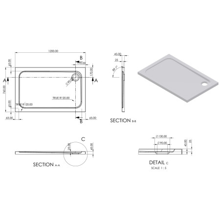 AJAX111469 Ajax 2Go 1200 x 760mm Rectangular Shower Tray Line Drawing