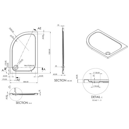 AJAX116986 Ajax 2Go 1200 x 800mm Left Hand Offset Quadrant Shower Tray Line Drawing