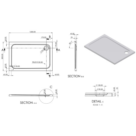 AJAX111470 Ajax 2Go 1200 x 800mm Rectangular Shower Tray Line Drawing