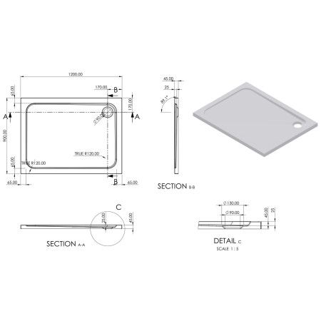 AJAX111471 Ajax 2Go 1200 x 900mm Rectangular Shower Tray Line Drawing