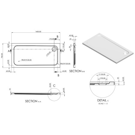 AJAX116975 Ajax 2Go 1400 x 700mm Rectangular Shower Tray Line Drawing