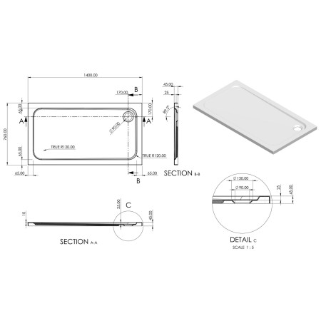 AJAX116976 Ajax 2Go 1400 x 700mm Rectangular Shower Tray Line Drawing