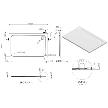 AJAX116978 Ajax 2Go 1400 x 900mm Rectangular Shower Tray Line Drawing
