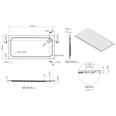 AJAX116979 Ajax 2Go 1500 x 700mm Rectangular Shower Tray Line Drawing