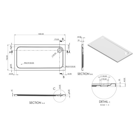 AJAX116980 Ajax 2Go 1500 x 760mm Rectangular Shower Tray Line Drawing
