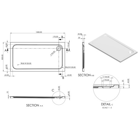 AJAX116981 Ajax 2Go 1500 x 800mm Rectangular Shower Tray Line Drawing