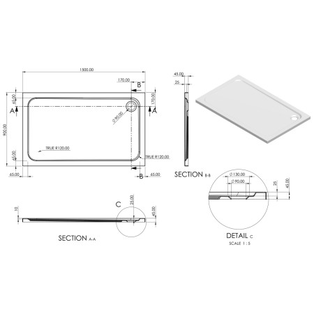 AJAX116982 Ajax 2Go 1500 x 900mm Rectangular Shower Tray Line Drawing
