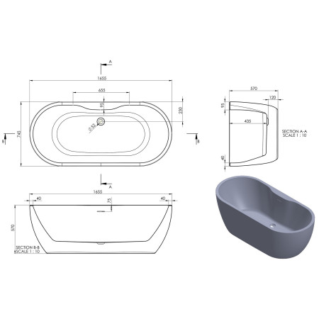 AJAX111369 Ajax 2Go 1655 x 745mm Black Freestanding Bath Line Drawing