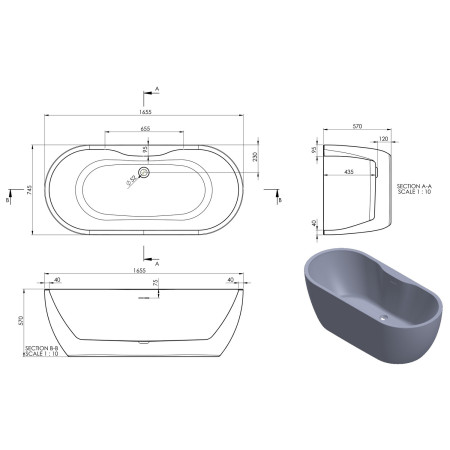 AJAX111368 Ajax 2Go 1655 x 745mm White Freestanding Bath Line Drawing