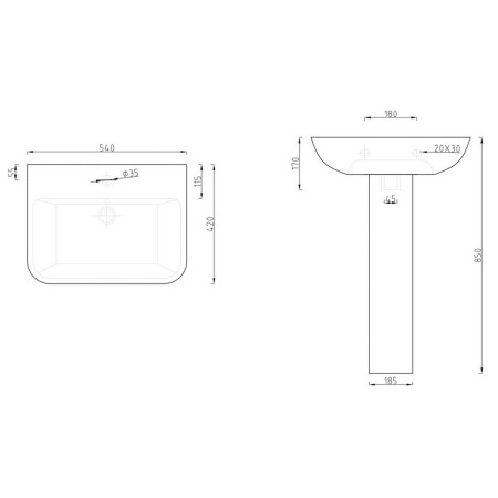 AJAX108877 Ajax 2Go 1TH 540mm Basin and Full Pedestal Line Drawing