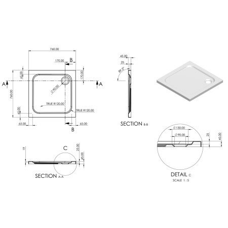 AJAX116989 Ajax 2Go 760 x 760mm Square Shower Tray Line Drawing