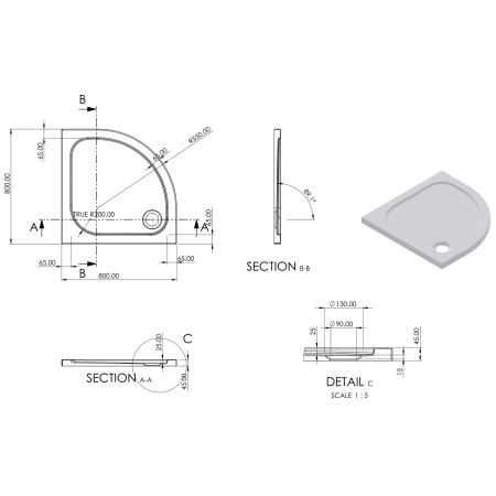 AJAX111461 Ajax 2Go 800 x 800mm Quadrant Shower Tray Line Drawing