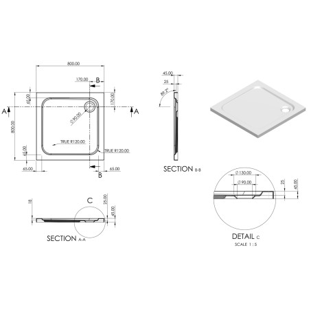 AJAX116990 Ajax 2Go 800 x 800mm Square Shower Tray Line Drawing