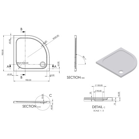 AJAX111462 Ajax 2Go 900 x 900mm Quadrant Shower Tray Line Drawing