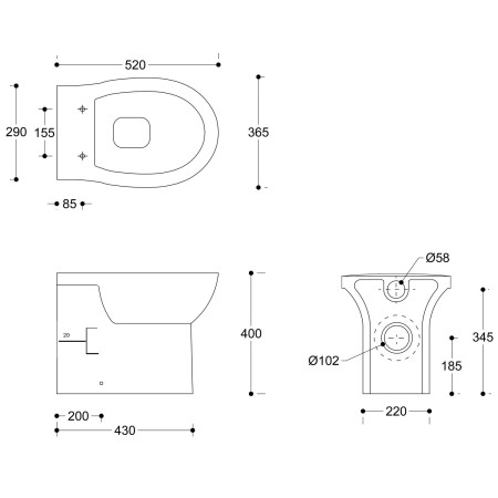AJAX108879 Ajax 2Go Back to Wall Rimless WC with Soft Close Seat Line Drawing