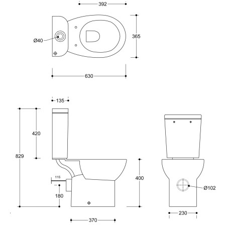 AJAX108878 Ajax 2Go Close Coupled Rimless WC with Soft Close Seat Line Drawing