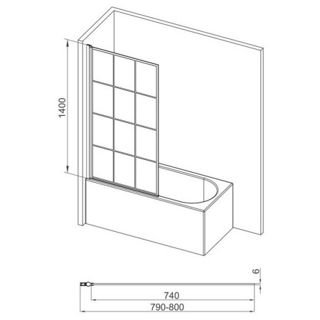 AJAX111430 Ajax 6mm Black 1400mm Square Grid Bath Screen Line Drawing