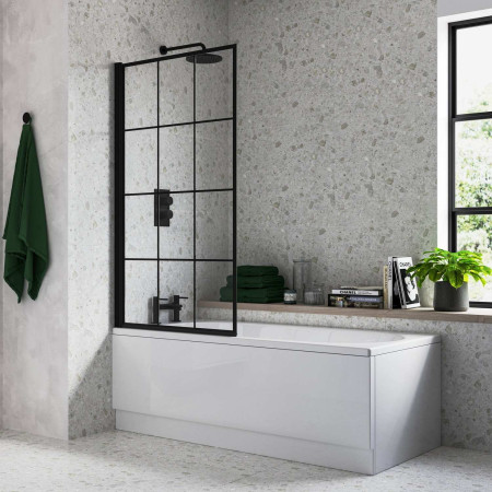AJAX111430 Ajax 6mm Black 1400mm Square Grid Bath Screen Lifestyle