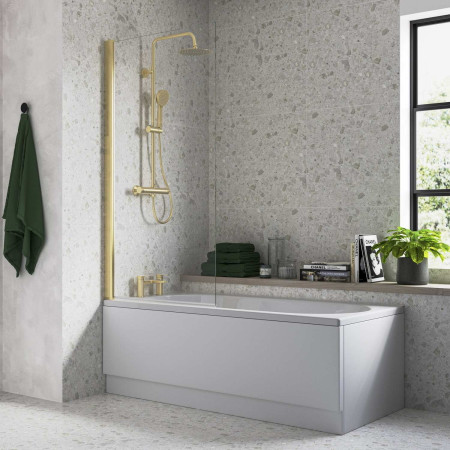 AJAX108069 Ajax 6mm Brushed Brass 1400mm Square Bath Screen Lifestyle