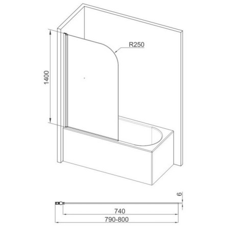 AJAX111428 Ajax 6mm Chrome 1400mm Radius Bath Screen Line Drawing
