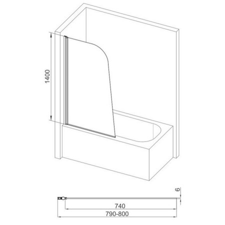 AJAX111429 Ajax 6mm Chrome 1400mm Sail Bath Screen Line Drawing