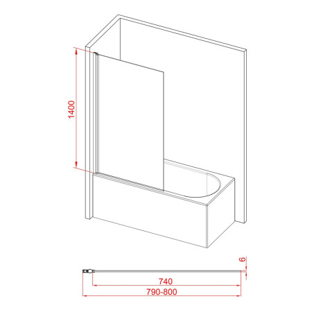 AJAX108067 Ajax 6mm Chrome 1400mm Square Bath Screen Line Drawing