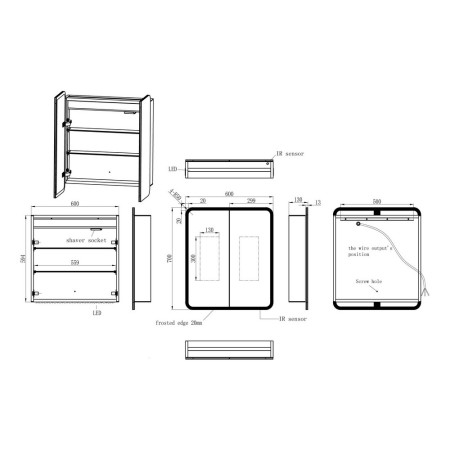 AJAX107586 Ajax Allington 600mm Double Door LED Mirror Cabinet Line Drawing