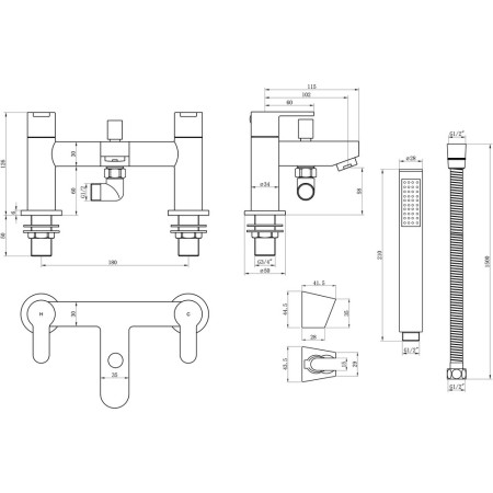 AJAX105725 Ajax Ancholme Chrome Bath Shower Mixer Line Drawing