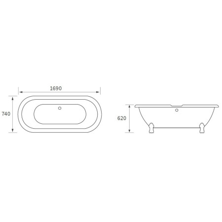 AJAX102816 Ajax Anlaby 1690 x 740mm Black Freestanding Bath Line Drawing