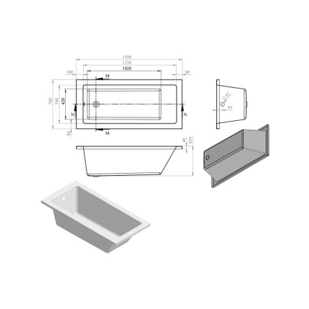 AJAX105619 Ajax Armthorpe 1500 x 700mm Single Ended Bath Internal Measurements