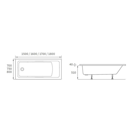 AJAX105626 Ajax Armthorpe 1700 x 750mm Single Ended Supercast Bath Line Drawing