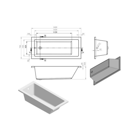 AJAX105620 Ajax Armthorpe 1600 x 700mm Single Ended Bath Internal Measurements