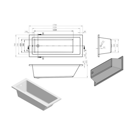 AJAX105621 Ajax Armthorpe 1700 x 700mm Single Ended Bath Internal Measurements