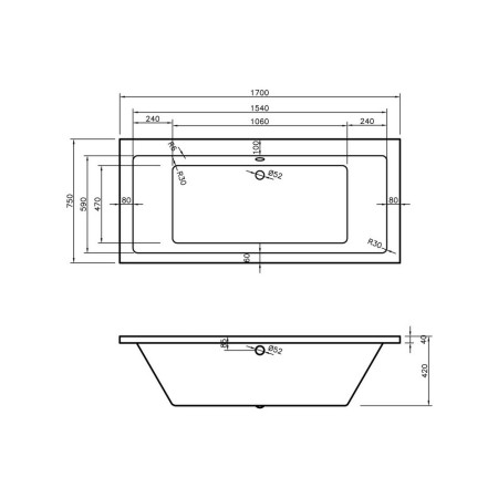 AJAX105652 Ajax Armthorpe 1700 x 750mm Double Ended Bath Internal Measurements