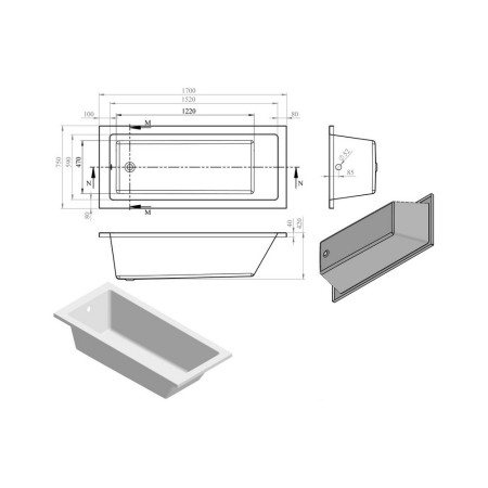 AJAX105622 Ajax Armthorpe 1700 x 750mm Single Ended Bath Internal Measurements
