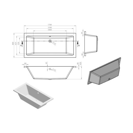 AJAX105653 Ajax Armthorpe 1700 x 800mm Double Ended Bath Internal Measurements