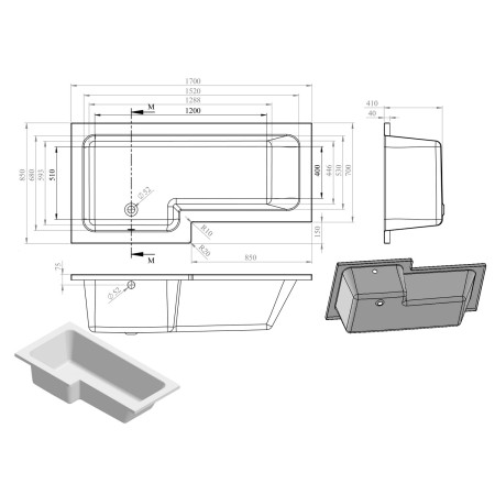 AJAX111375 Ajax Armthorpe 1700 x 850mm Left Hand L Shaped Supercast Shower Bath with Matt Black Screen Dimensions