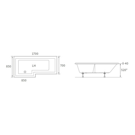 AJAX105600 Ajax Armthorpe 1700 x 850mm Left Hand L Shaped Shower Bath with Chrome Screen Line Drawing