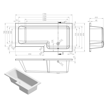 AJAX105601 Ajax Armthorpe 1700 x 850mm Right Hand L Shaped Shower Bath with Chrome Screen Dimensions