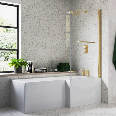 Ajax Armthorpe 1700 x 850mm Right Hand L Shaped Supercast Shower Bath with Brushed Brass Screen