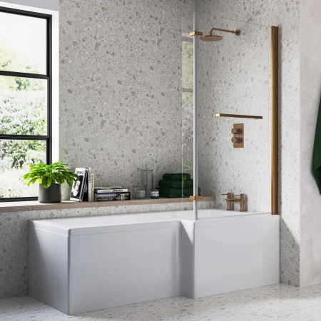 Ajax Armthorpe 1700 x 850mm Right Hand L Shaped Supercast Shower Bath with Brushed Bronze Screen