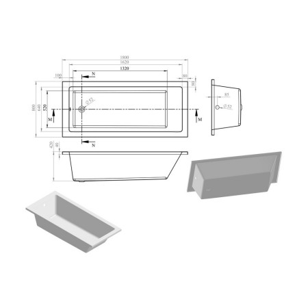 AJAX105623 Ajax Armthorpe 1800 x 800mm Single Ended Bath Internal Measurements