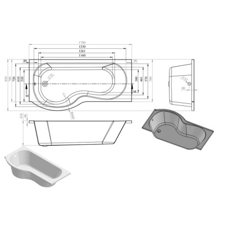 AJAX105611 Ajax Barcon 1700 x 850mm Left Hand P Shaped Supercast Shower Bath Line Drawing